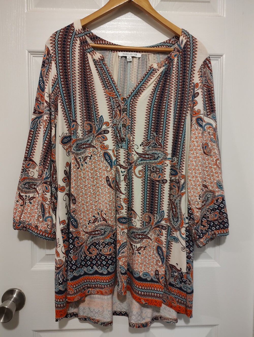 Rose & Olive Cream Paisley Tunic with Navy & Orange Detail